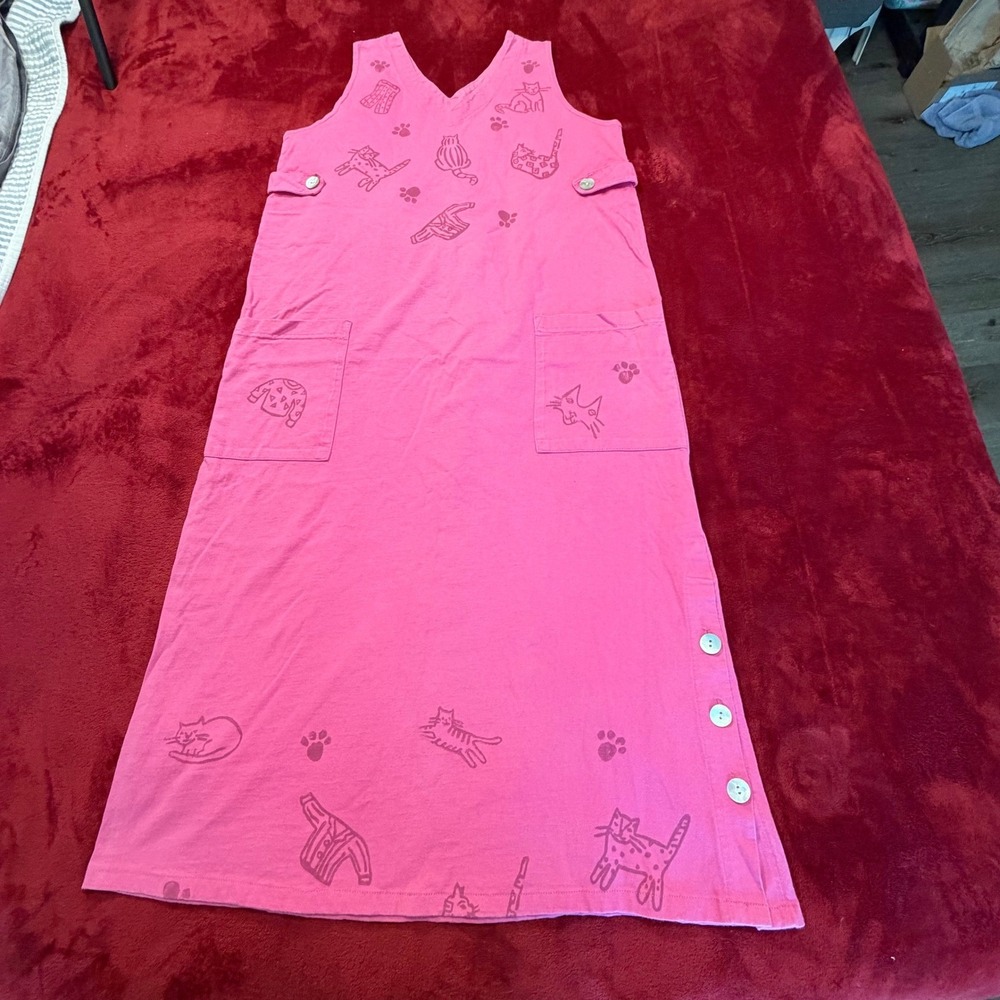 Viva‎ City USA Pink Cotton Cat Print Jumper Maxi Dress Womens Medium Made in USA